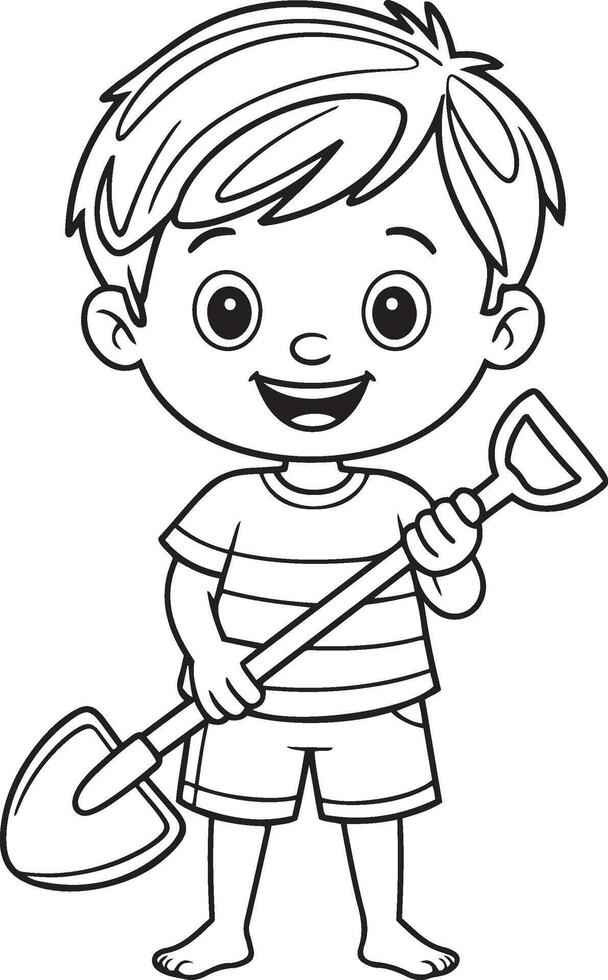 Simple Line Drawing of a Smiling Boy Holding a Shovel, vector