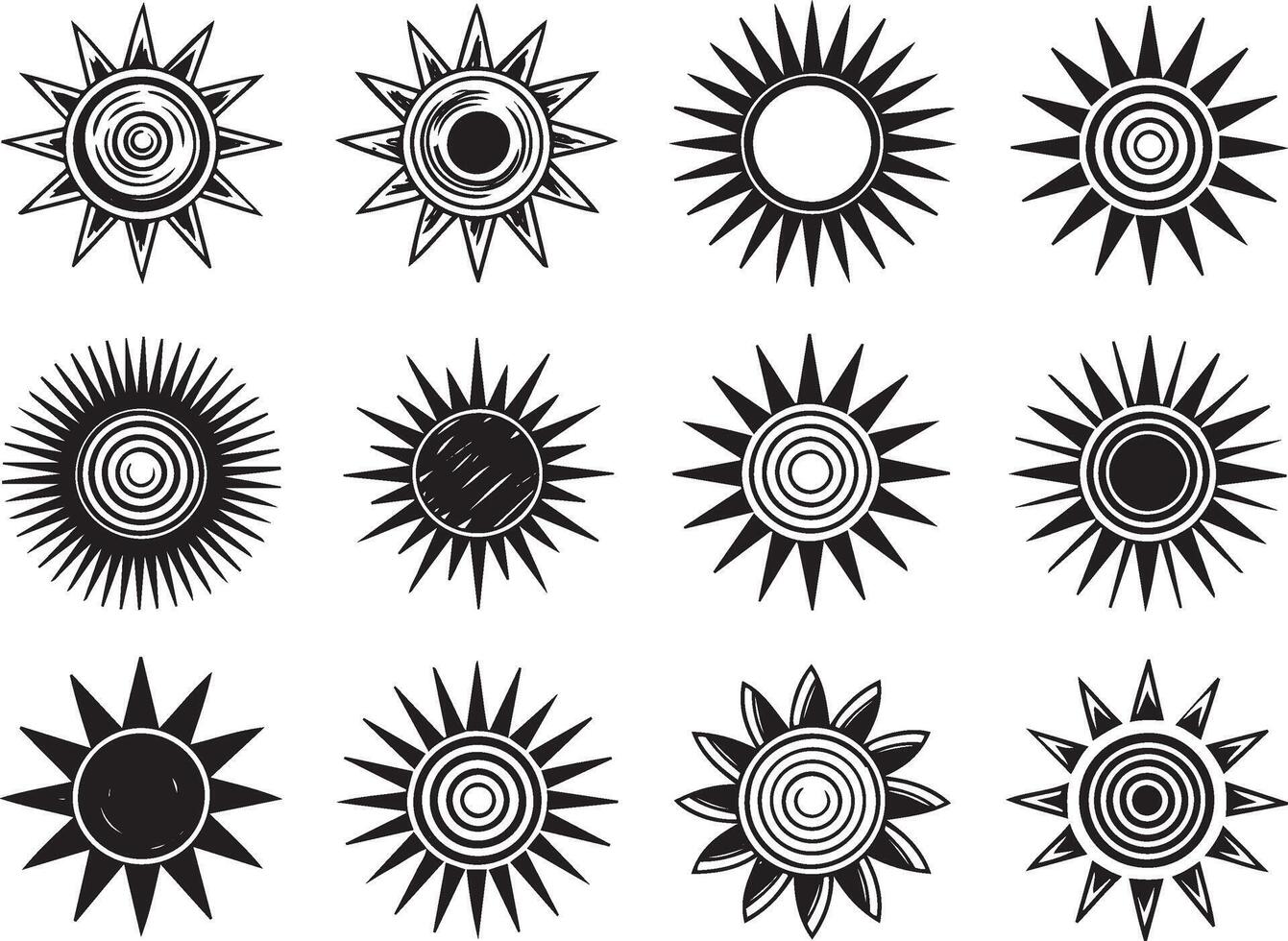 Collection of Black and White Sun hand drawn Symbol Icons vector