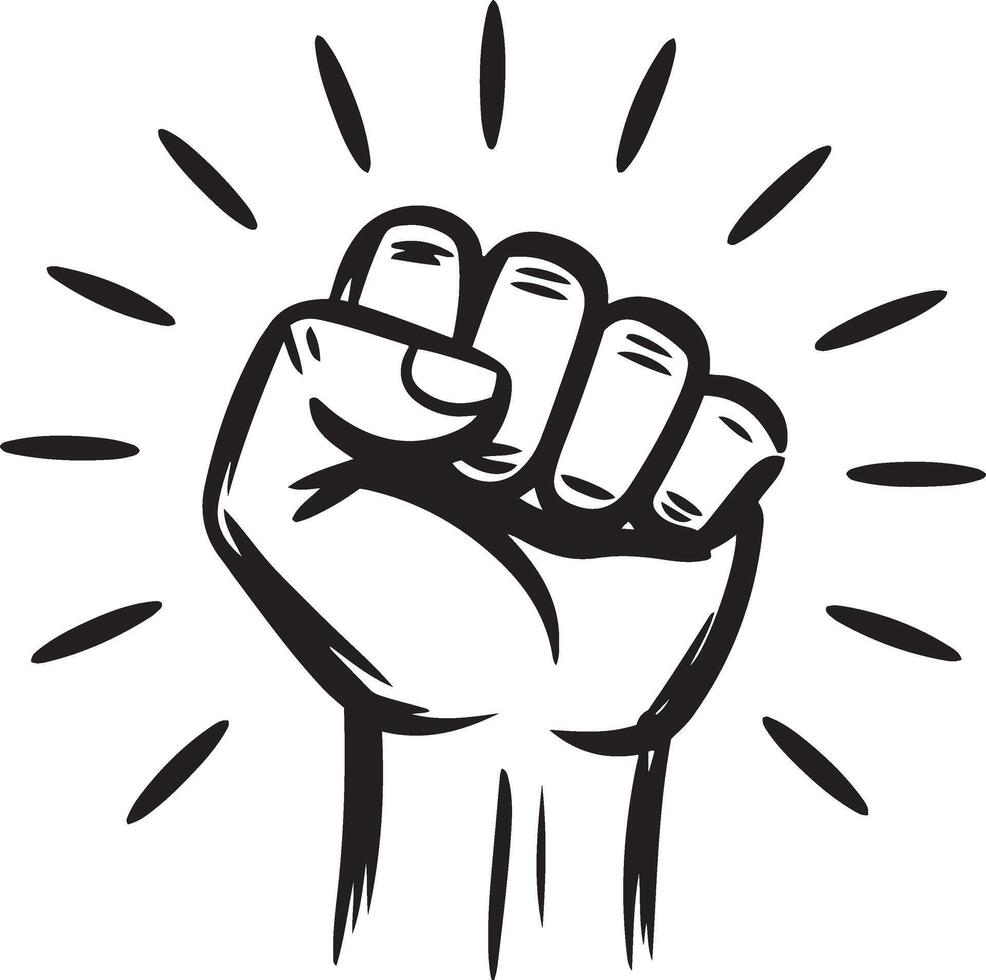 Powerful fist raised in protest, a symbol of resistance, black and white illustration vector