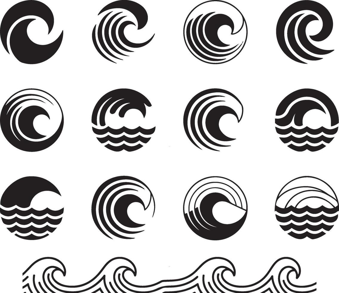 Collection of wave designs and Black and White silhouette patterns icons vector