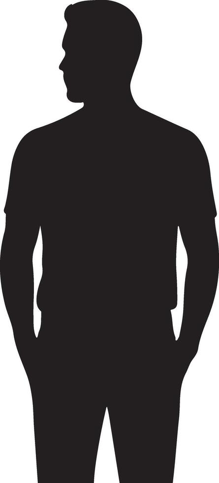 A simple bold black and white silhouette illustration of a man standing with hands in pockets vector