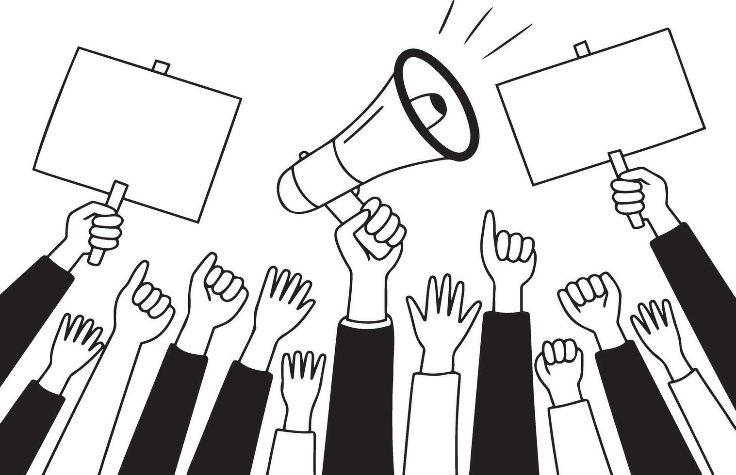 A black and white illustration Hands Raised in Protest with Blank Signs and Megaphone vector