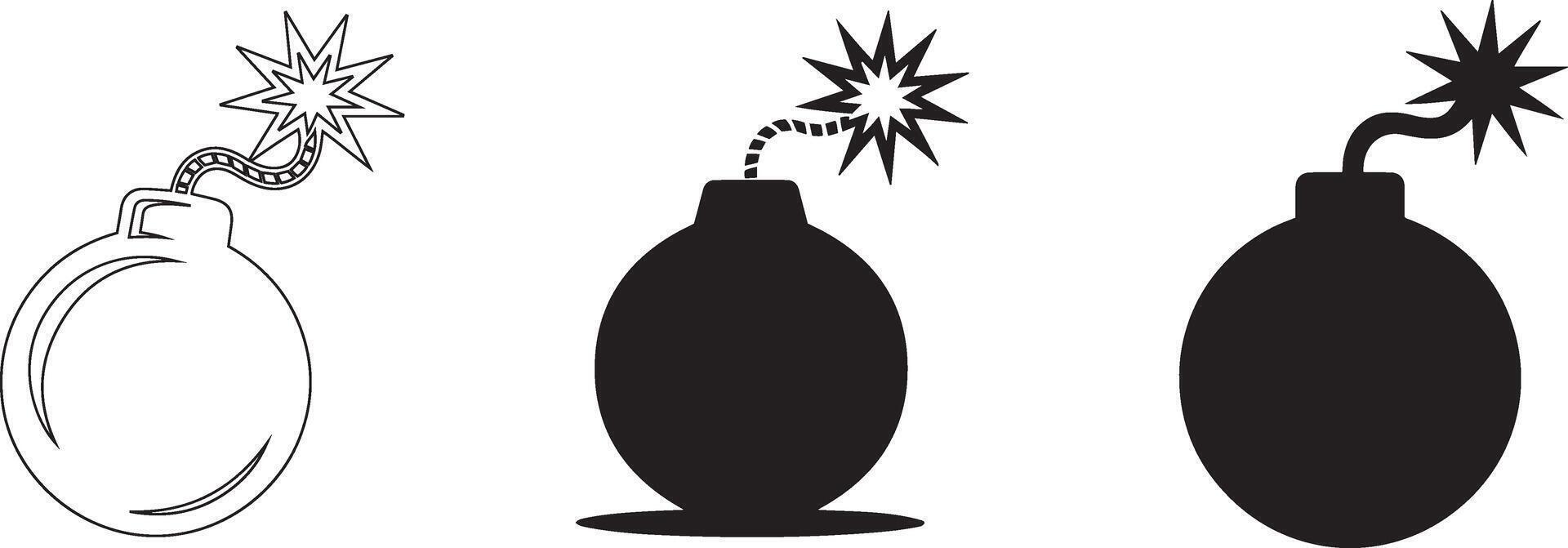 Three Cartoon Bomb Outline and Silhouette Icons vector