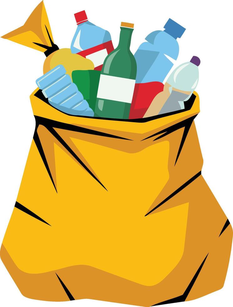 Flat style cartoon yellow trash bag full of plastic bottles vector