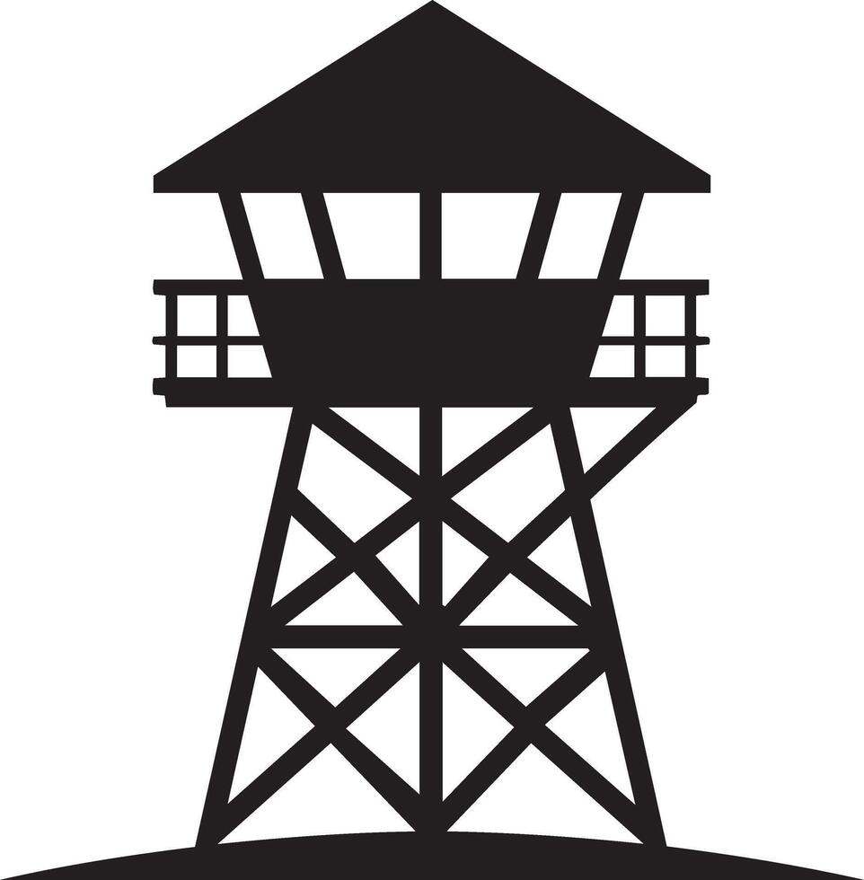 A simple black silhouette of a watchtower, Watchtower icon. Black silhouette. Front side view vector