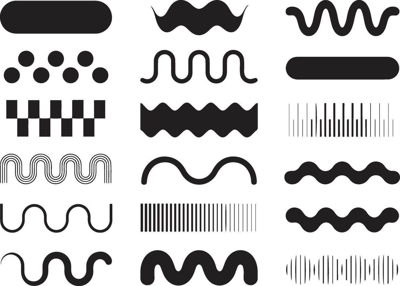 Collection of abstract black wave, line, dot, and shape patterns, ideal for modern design, backgrounds, digital art, and decoration. vector