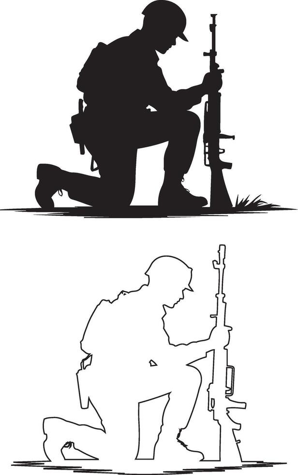 Two black and white silhouette illustrations of a soldier kneeling, rifle in hand, in a solemn pose. vector