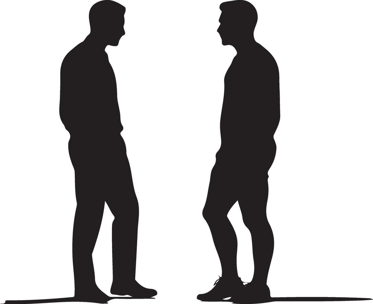 Two men standing and facing each other in silhouette. vector