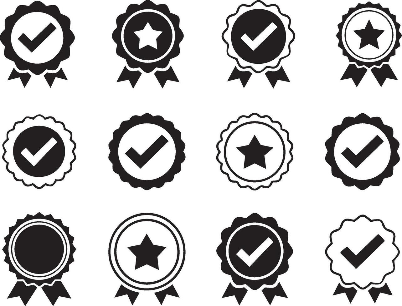 Set of Twelve Black Award Ribbon Badges with Checkmarks and Stars, black and white award silhouette line art icons vector