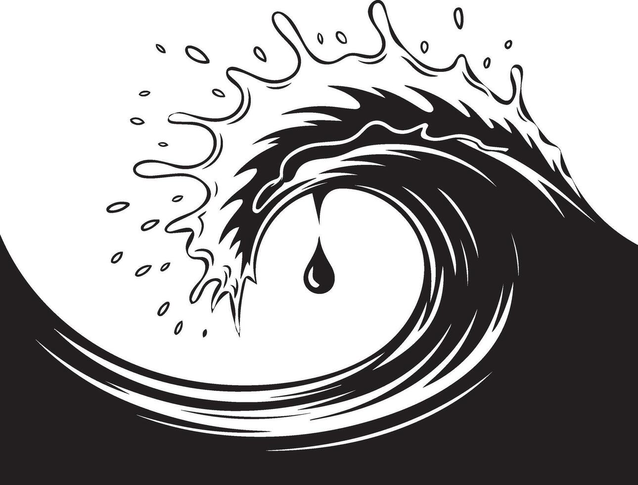 black and white ocean wave splash illustration with water drop vector