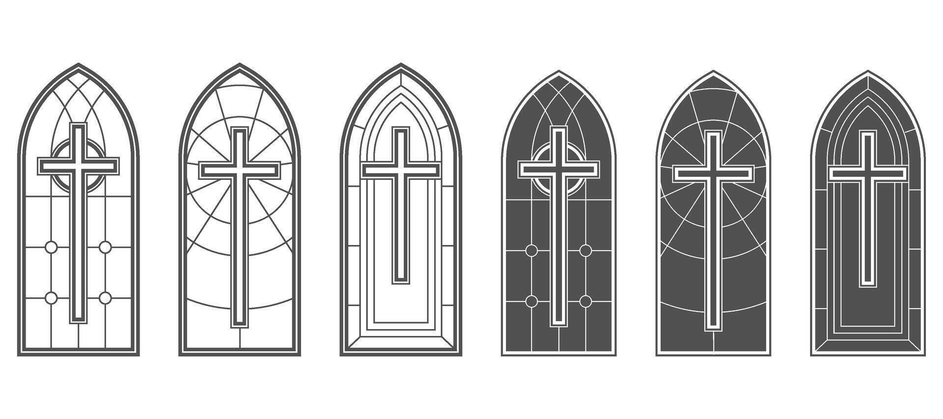 Gothic church window frames with medieval pattern. Stained glass cathedral arches. Vintage catholic architecture shapes on white background. Renaissance outline decorations with cross. vector