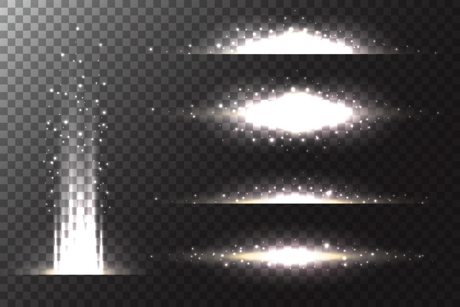 Light flare effect of glowing stars. Lines of bright flash and glitter. Golden sparkles beams. Sunburst glare. Abstract shiny explosion. vector