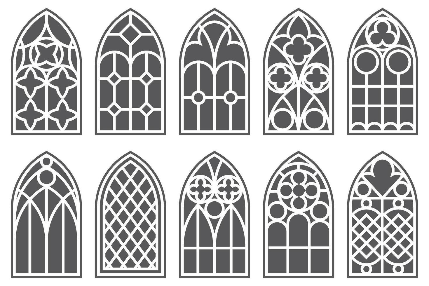 Church windows with arched frames. Cathedral gothic stained glass. Old architecture elements. Medieval castle doors silhouettes isolated on white background. Catholic interior decoration. vector