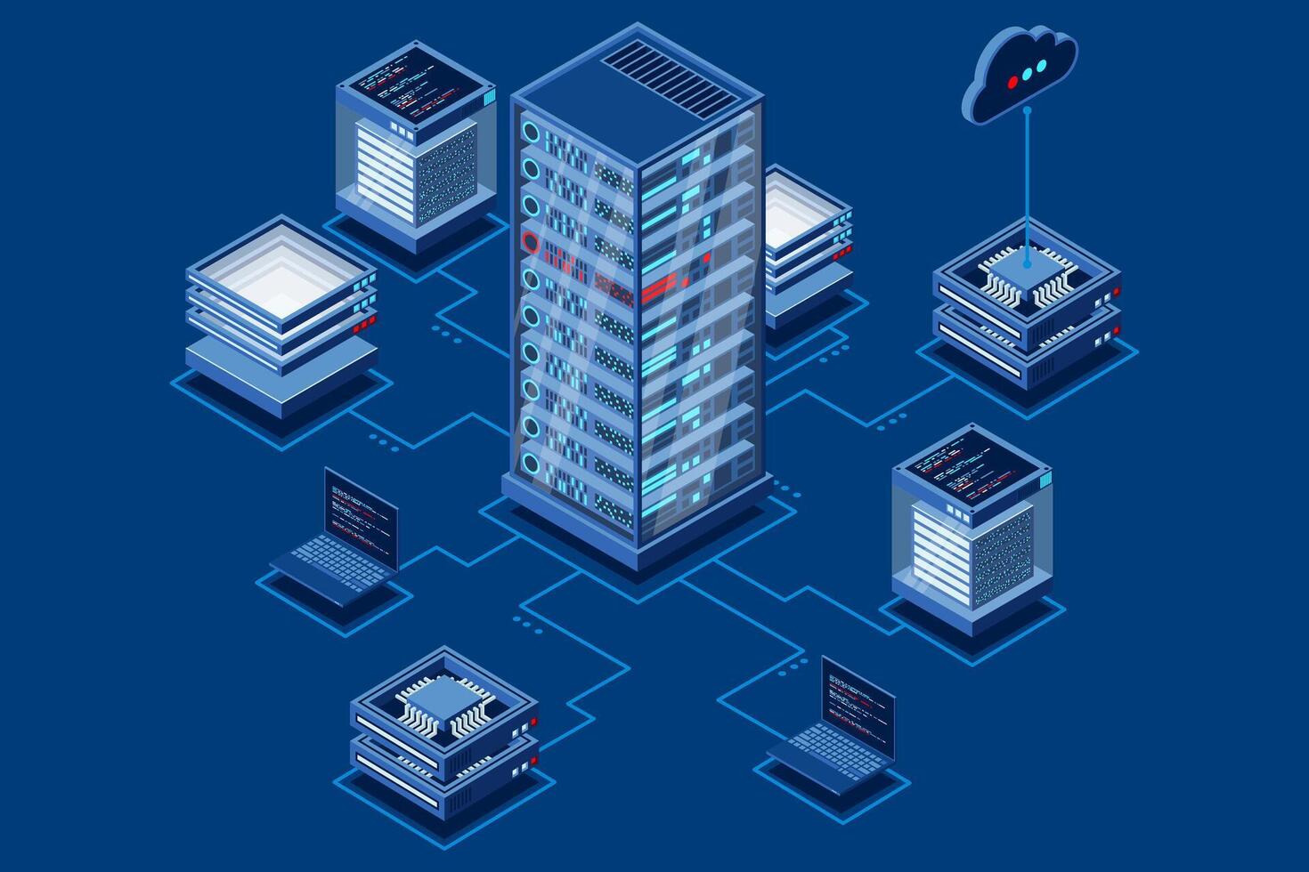 Computation of big data center. Cloud computing. Online devices upload and download information. Isometric technology, vector