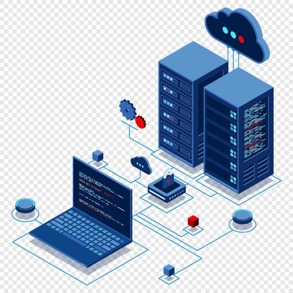 Cyber data security. Internet security isometric concept. Server room connected with laptop through protected hub. Computing internet digital technology. Isometric technology vector