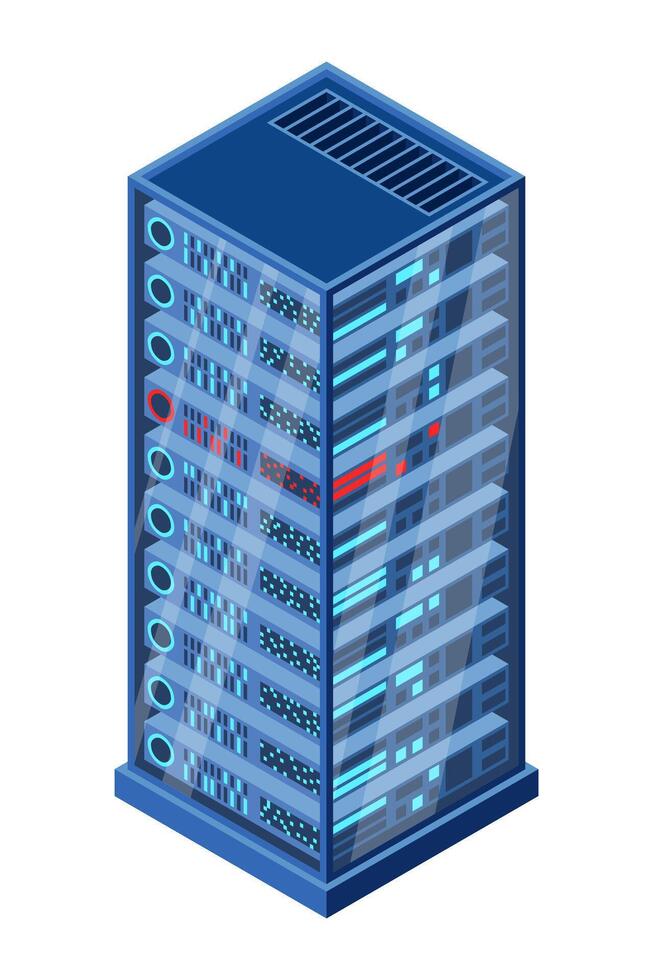 Isometric server. Network server room. 3D computer equipment. Storage database. Isometric. vector