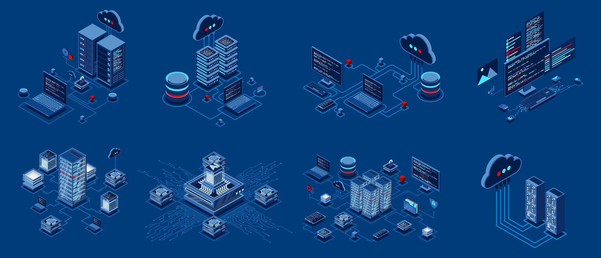 Set of isometric modern technology concept for cloud computing, Datacenter, Database, artificial intelligence, and blockchain technology. Isometric technology, vector