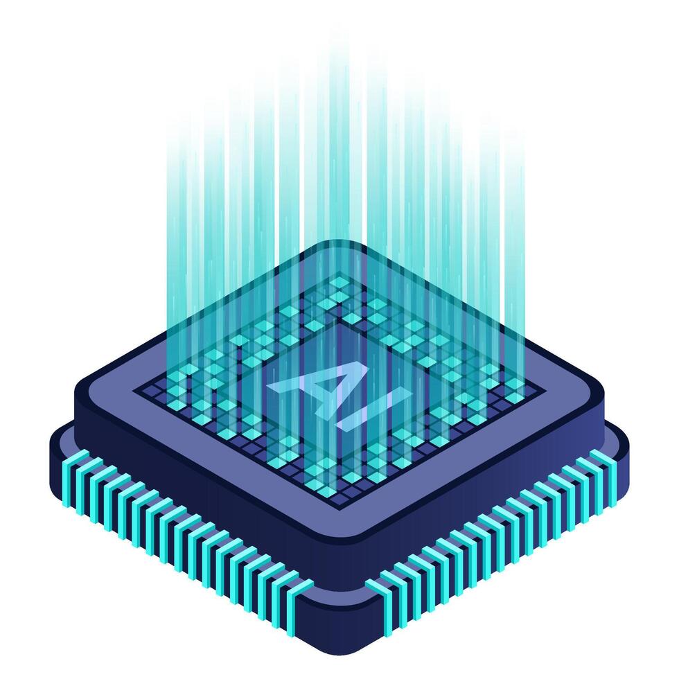Isometric artificial intelligence chip concept. Artificial intelligence concept. Futuristic microchip processor. Isometric, vector
