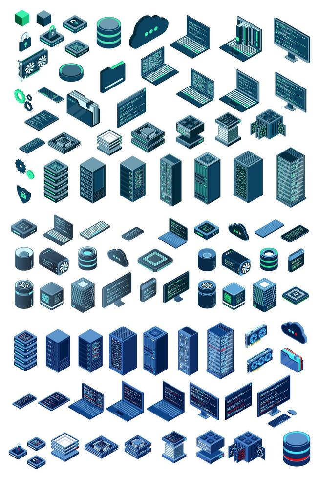 Large set of isometric computer technology. Isometric set server equipment. Modern technology concept for cloud computing, datacenter, database. Isometric technology. vector