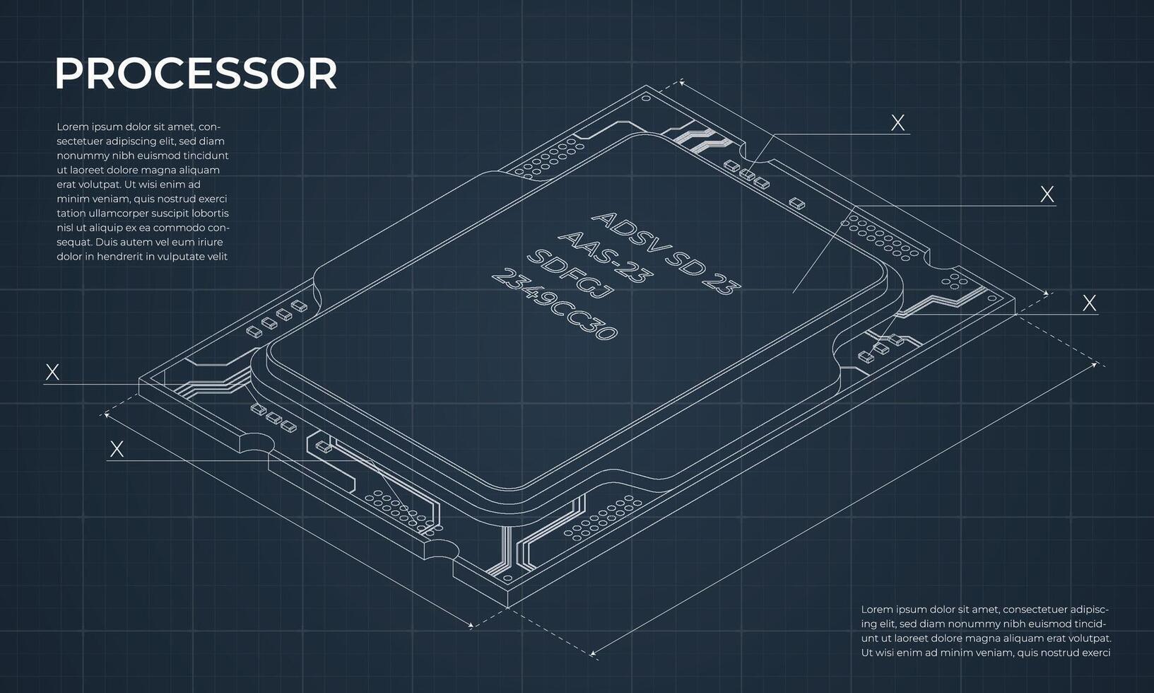 Isometric processor blueprint. Central processing unit or CPU. Computer hardware components. Semiconductor technology concept. vector