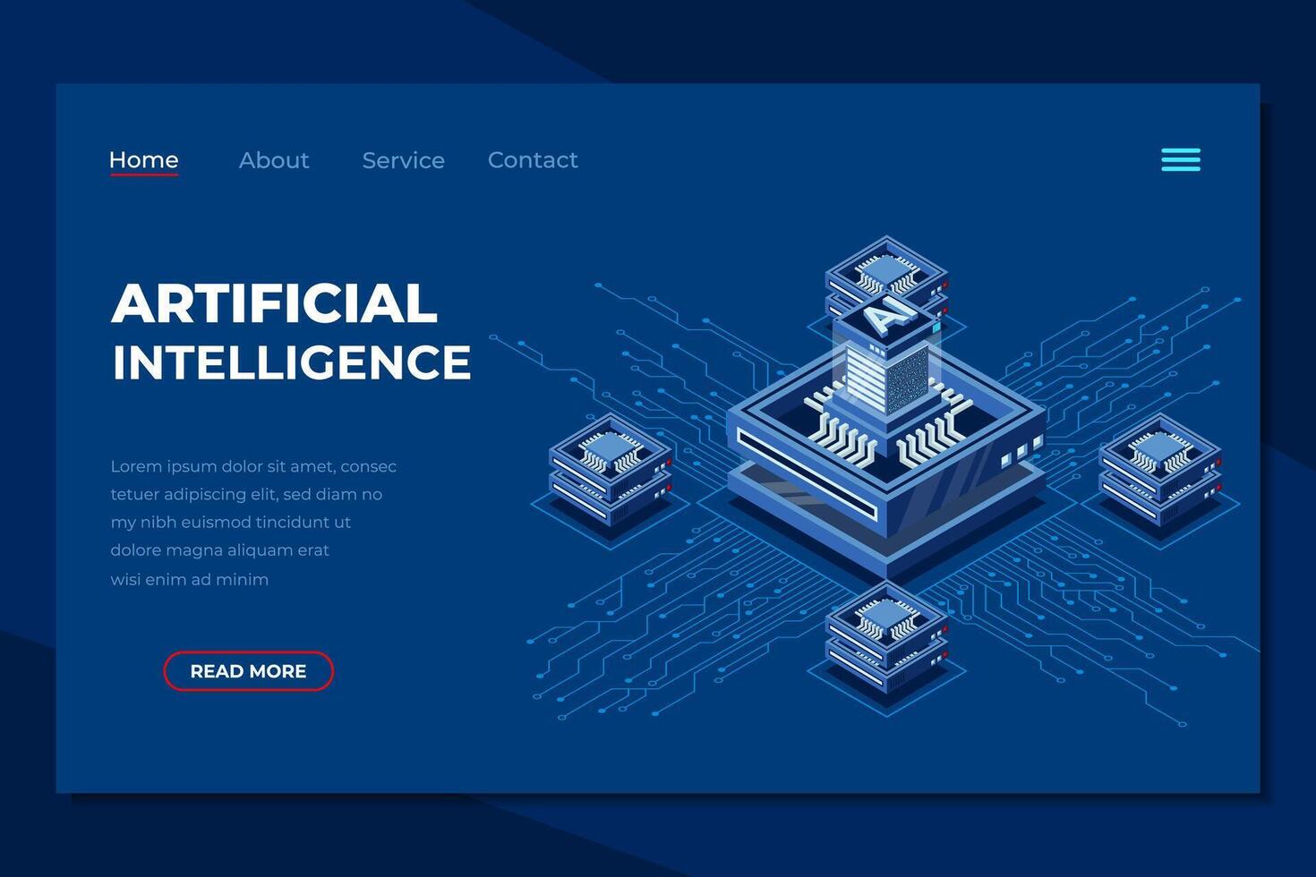 Artificial intelligence isometric landing page. AI technology. Artificial intelligence chip. Machine learning technology concept. Isometric vector