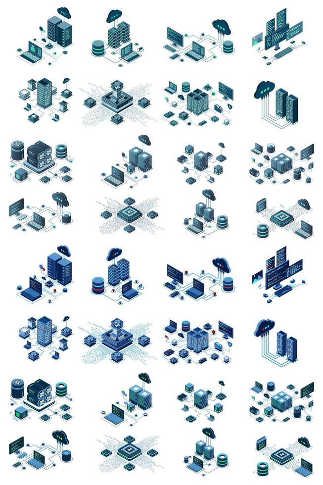 Large set of isometric modern technology concept for cloud computing, datacenter, database, artificial intelligence, and blockchain technology. Isometric technology. vector