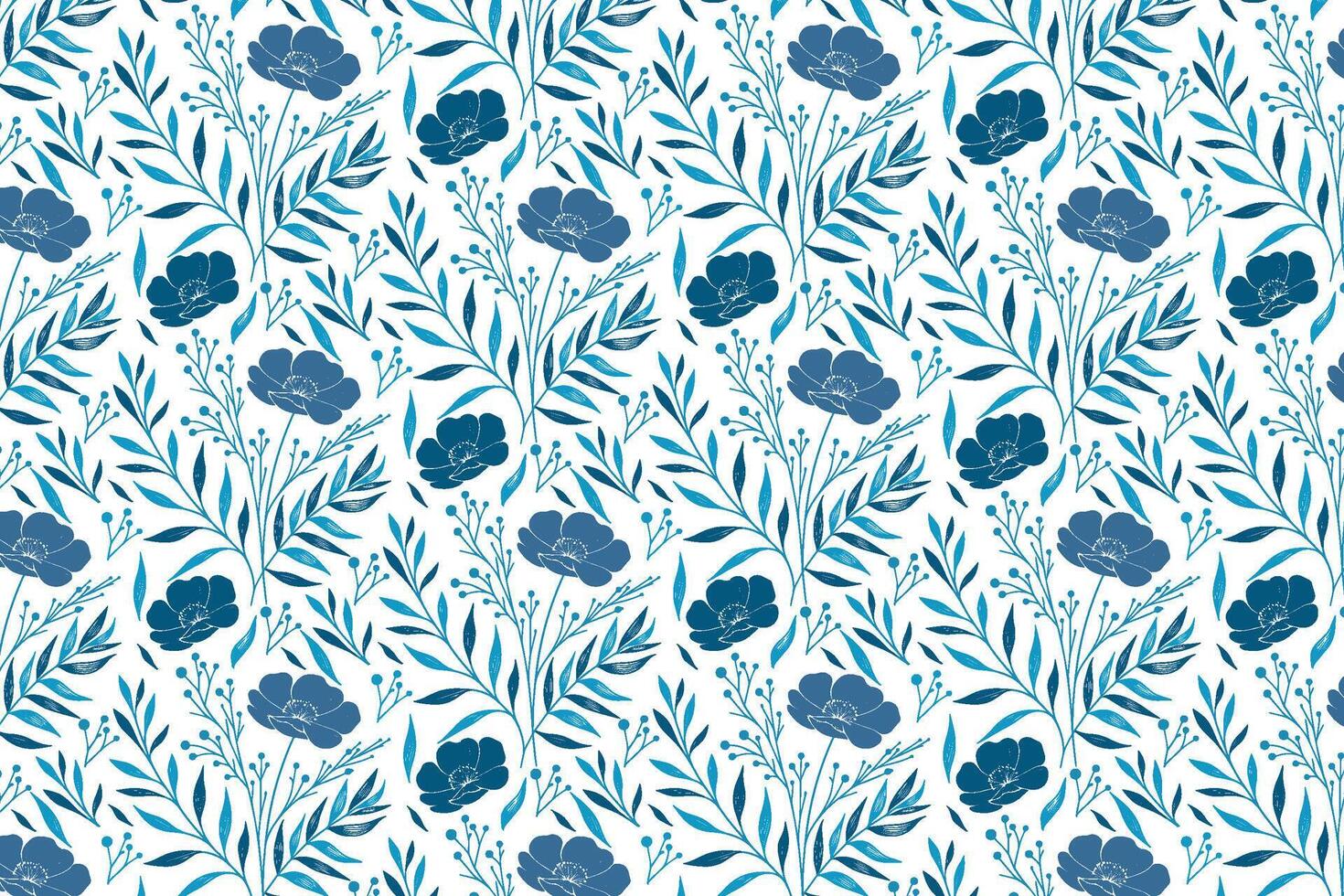blue pattern with artistic one line flower and leaf outlines in modern style for textile wallpaper and table runners vector