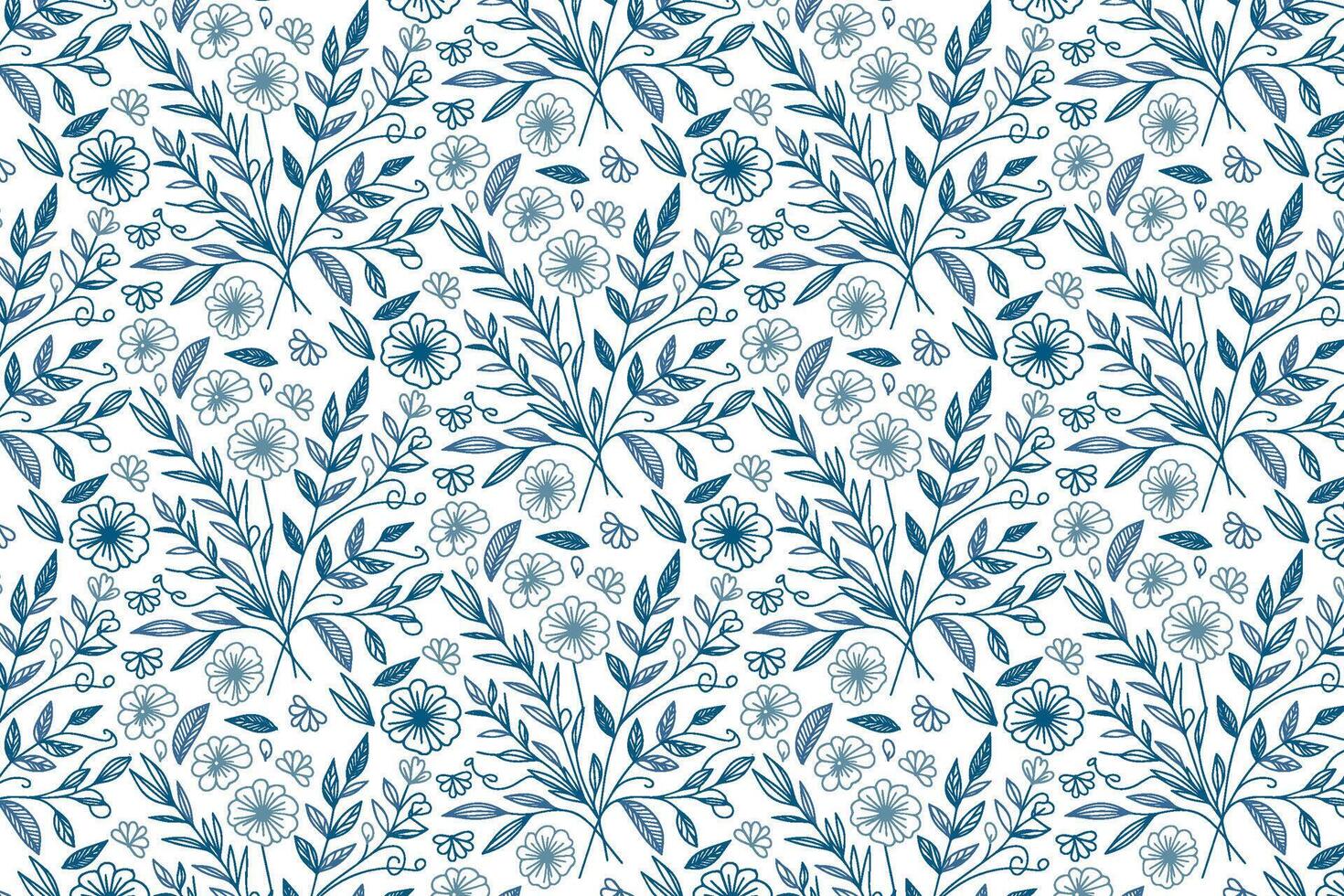 blue floral texture with sketch line flowers and cotton leaves for wrapping papers home textile and pillow print vector