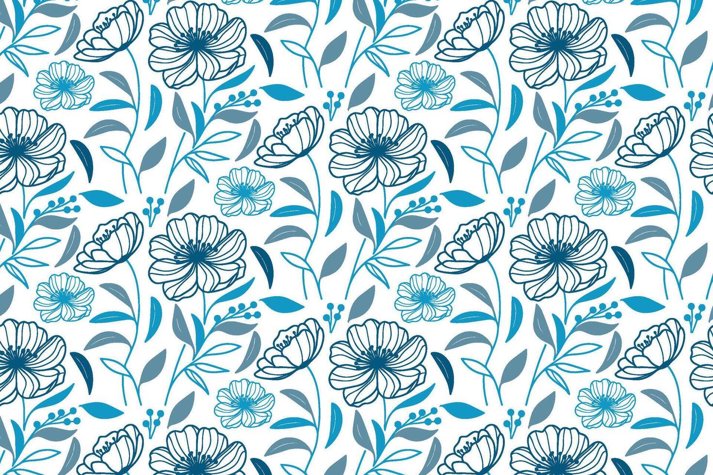 blue flower and leaf pattern in hand drawn single line style for contemporary fashion print and textile usage vector