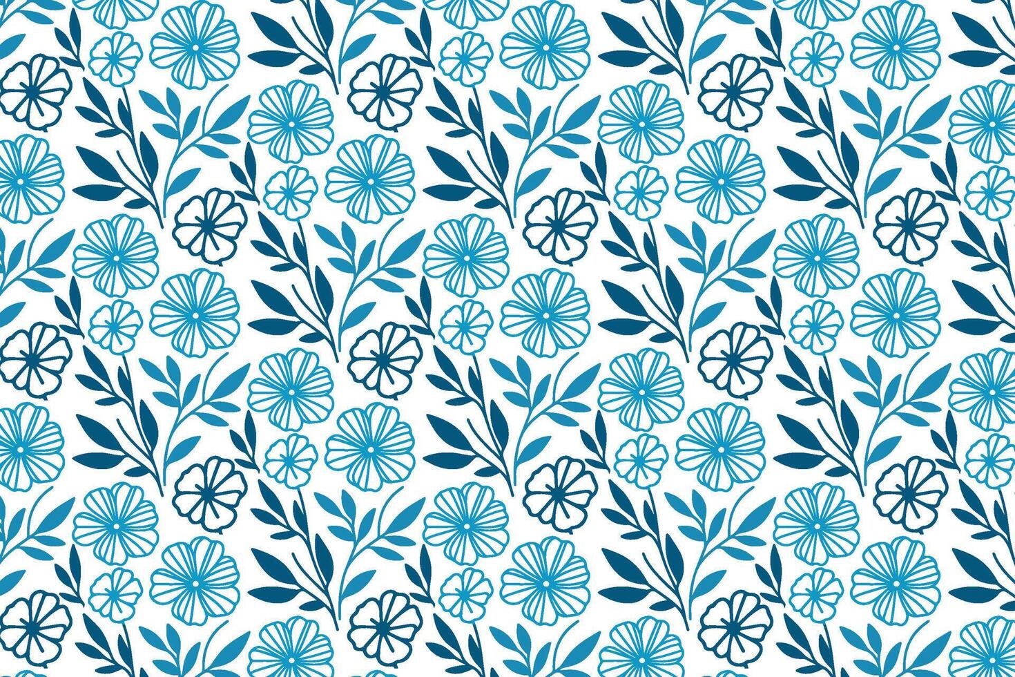 blue line art floral pattern with minimal flower and cotton elements for textile table top and fashion uses vector