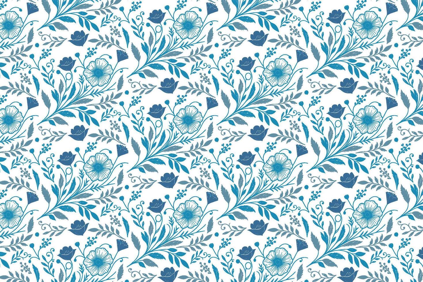 minimal blue floral sketch pattern in repeat with rose and cotton flower elements for women wear and fabric print vector