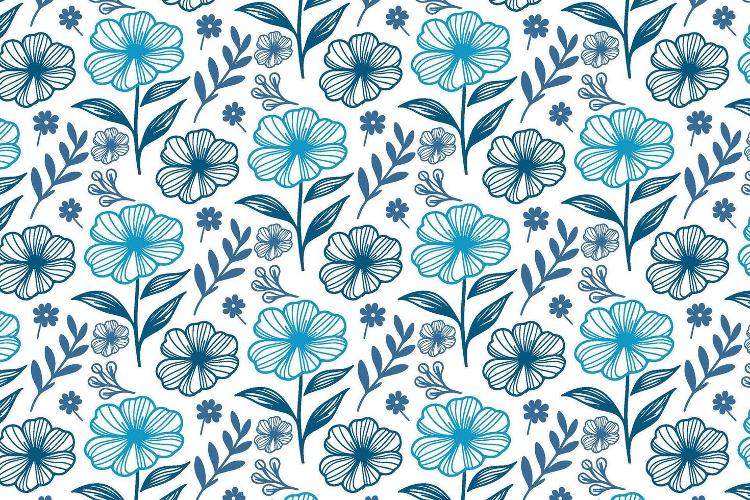 blue floral single line art pattern with cotton leaves and roses for packaging and fabric designs vector
