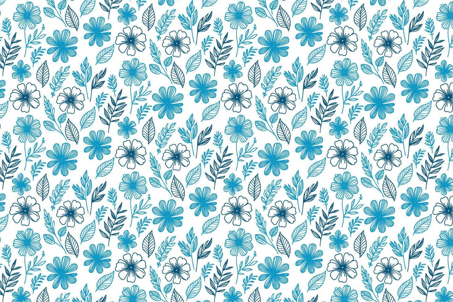 trendy blue pattern with continuous floral and leaf sketches in single line for packaging and fabric use vector