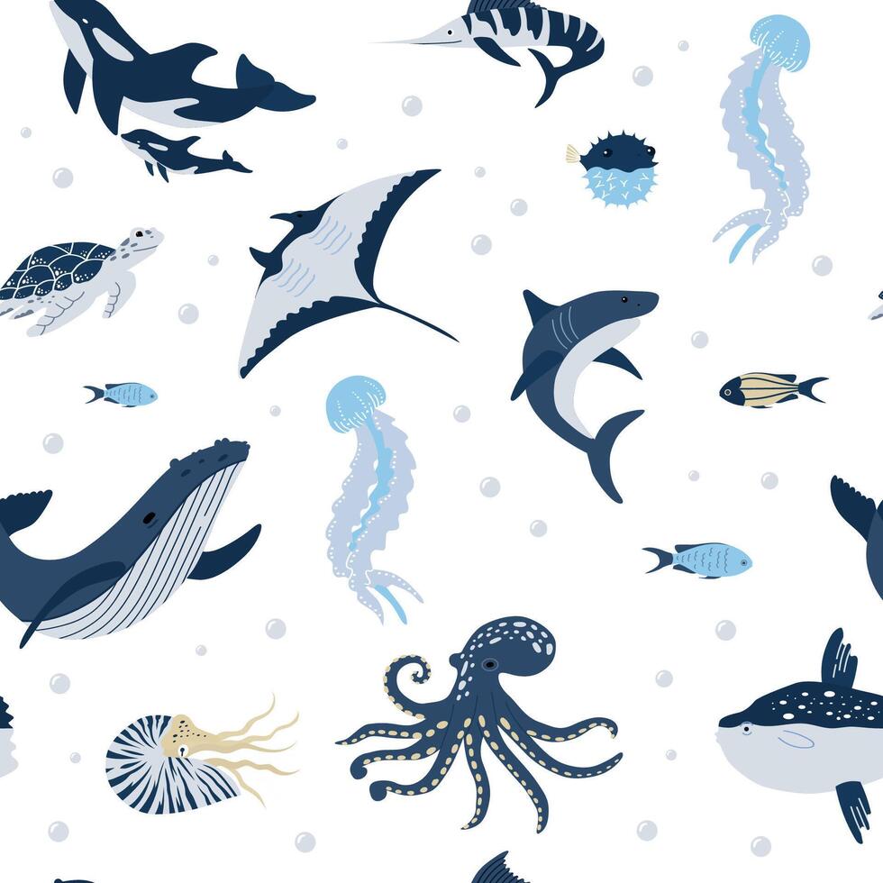 Ocean animals seamless pattern. Underwater creatures. Inhabitants of the sea world. Blue color background for packaging, fabric, wallpaper, paper vector