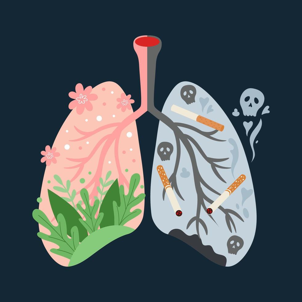 Lungs of a smoker and a healthy person. Dangers of smoking. Visual concept design. vector