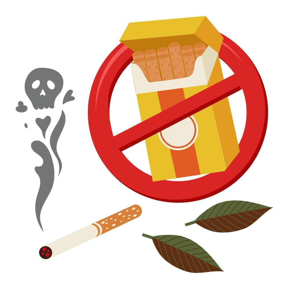Sign crossed out pack of cigarettes. Cigarette with smoke and tobacco leaves. vector