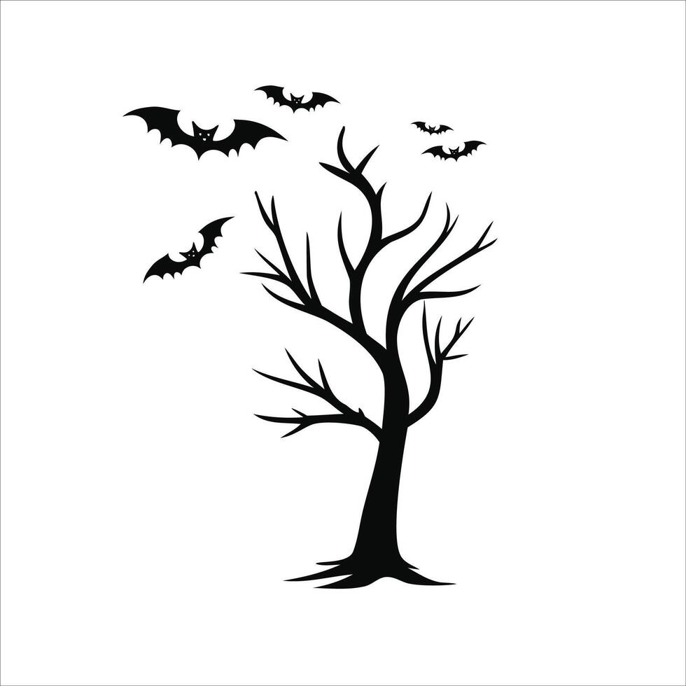 Spooky Bare Tree with Bats Silhouette vector
