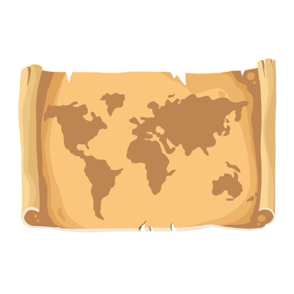 scroll unrolled roll of old paper with world map color cartoon hand drawn illustration vector