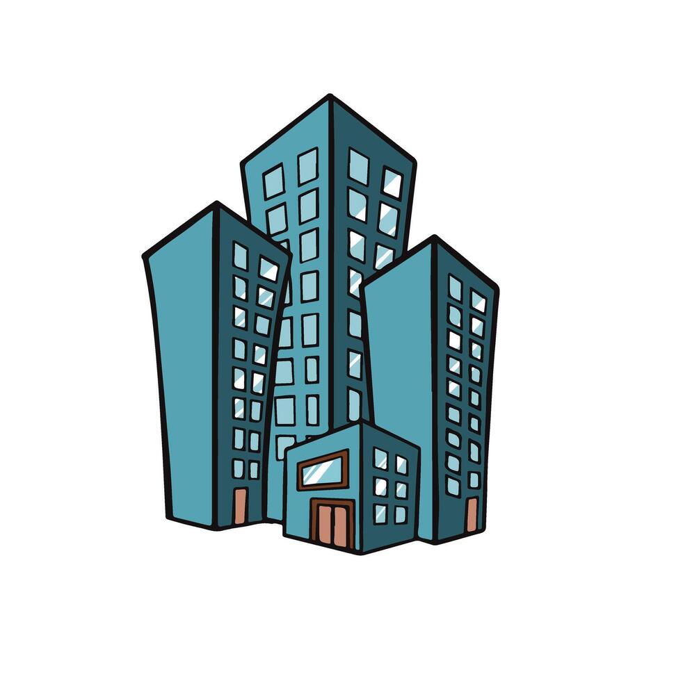 Business center isometric, glass-designed building, trees and parking space in front of it, represented on illustration isolated on white. vector