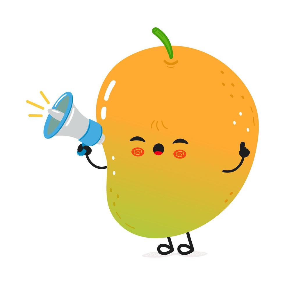 A cheerful Mango cartoon character uses a megaphone to share an announcement. vector