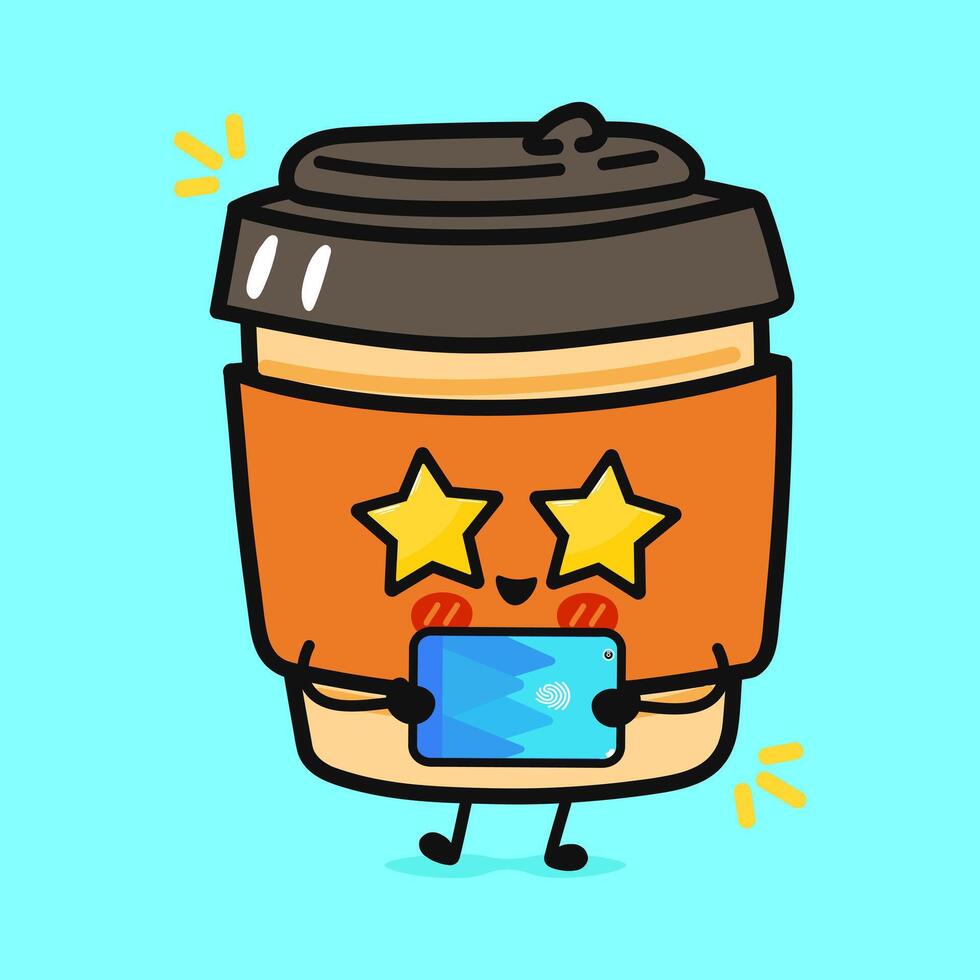 An adorable Coffee cup character using a tablet with star eyes and a big smile on a bright blue background. vector