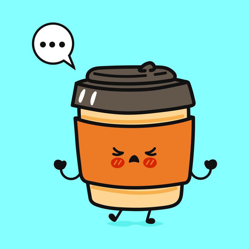 A frustrated cartoon Coffee cup with a speech bubble, expressing an angry emotion against a bright background. vector