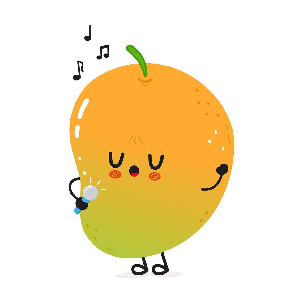 A charming Mango character sings a song into a microphone with musical notes floating around it on a white background. vector