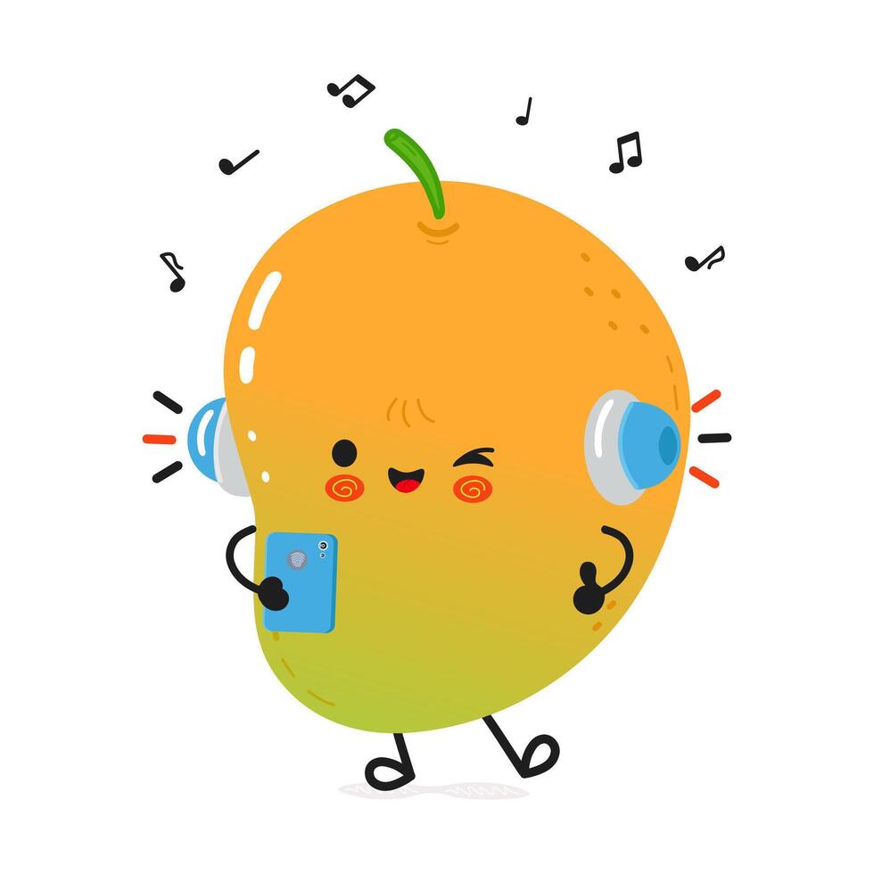 Animated Mango character enjoying music with headphones, smartphone, and musical notes in the air. vector