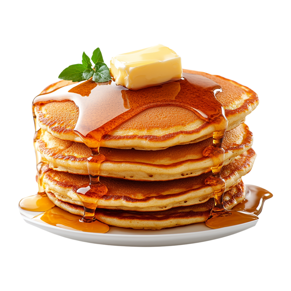 A stack of pancakes on a plate with butter and syrup png