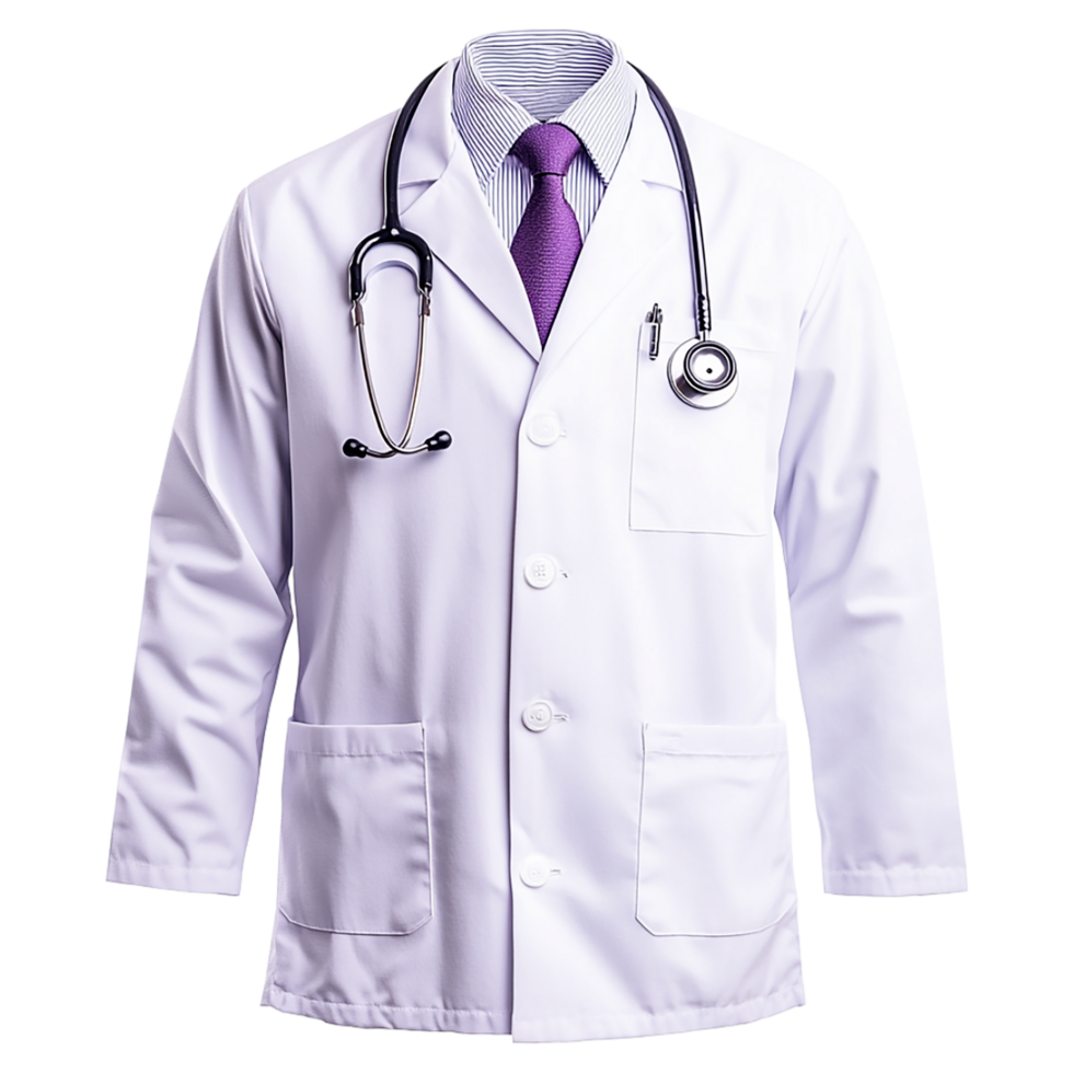 A white doctor's coat with a purple tie png