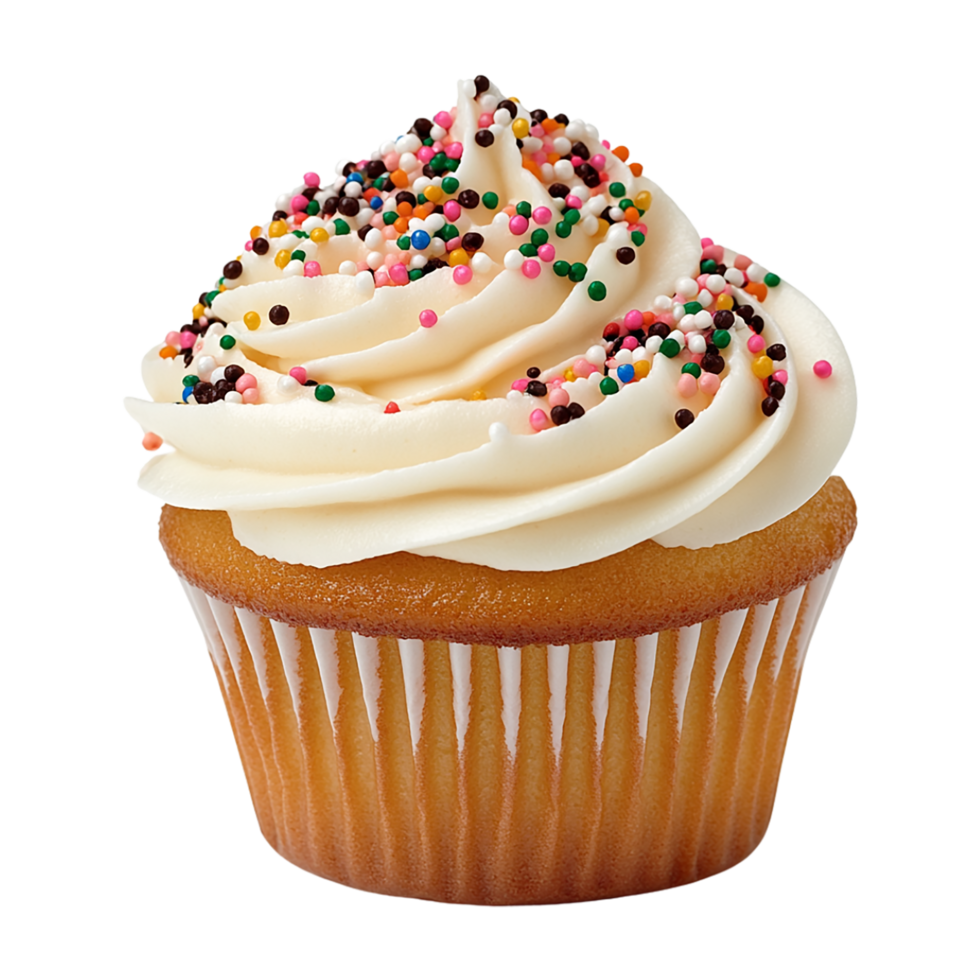 A cupcake with white frosting and sprinkles png