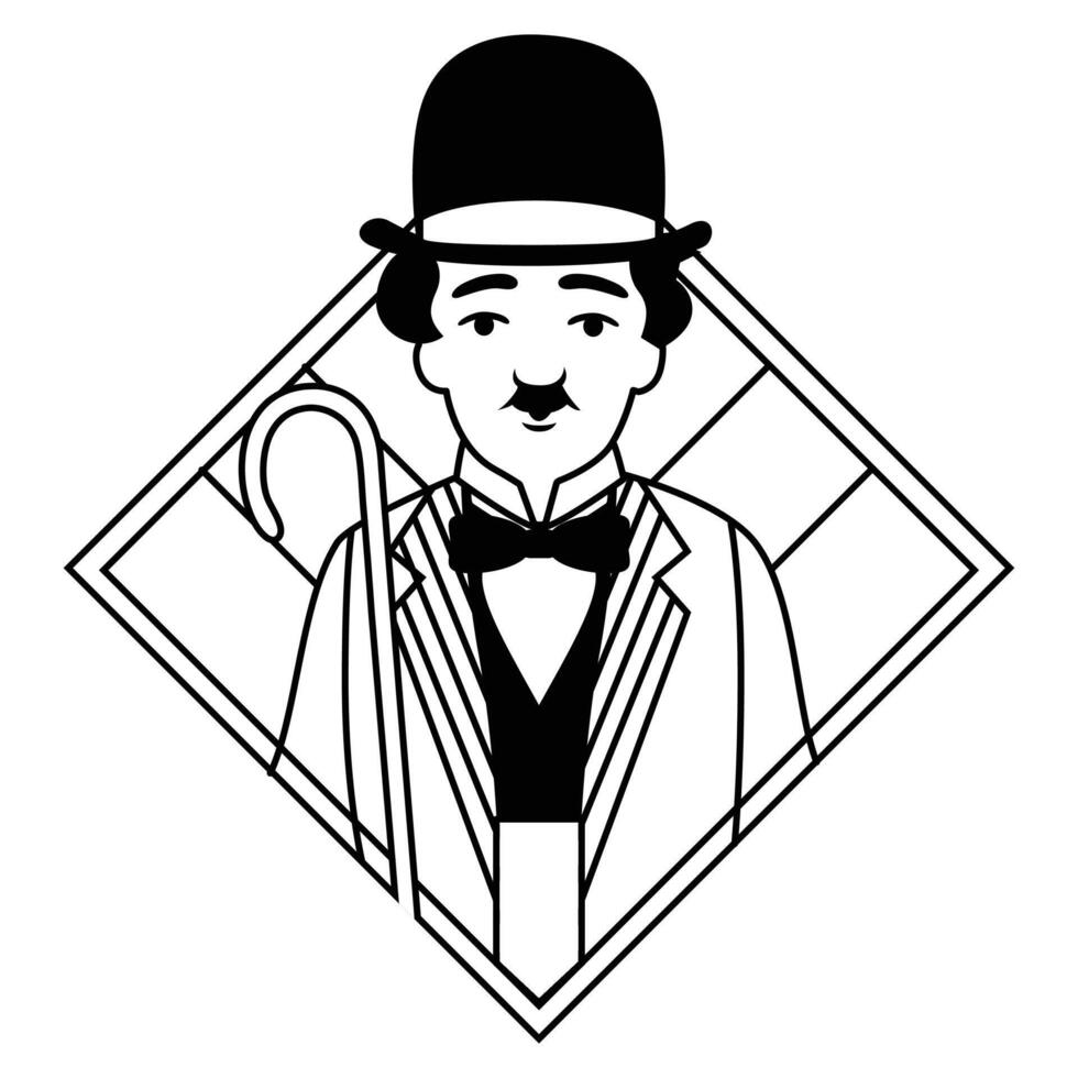 Charlie Chaplin Vintage Logo Design Line Art with Cane and Suit vector