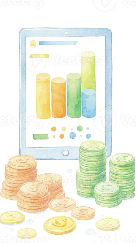Financial Growth Visualized Tablet Displaying Financial Charts and Stacks of Coins Representing Investment Success and Wealth Accumulation png