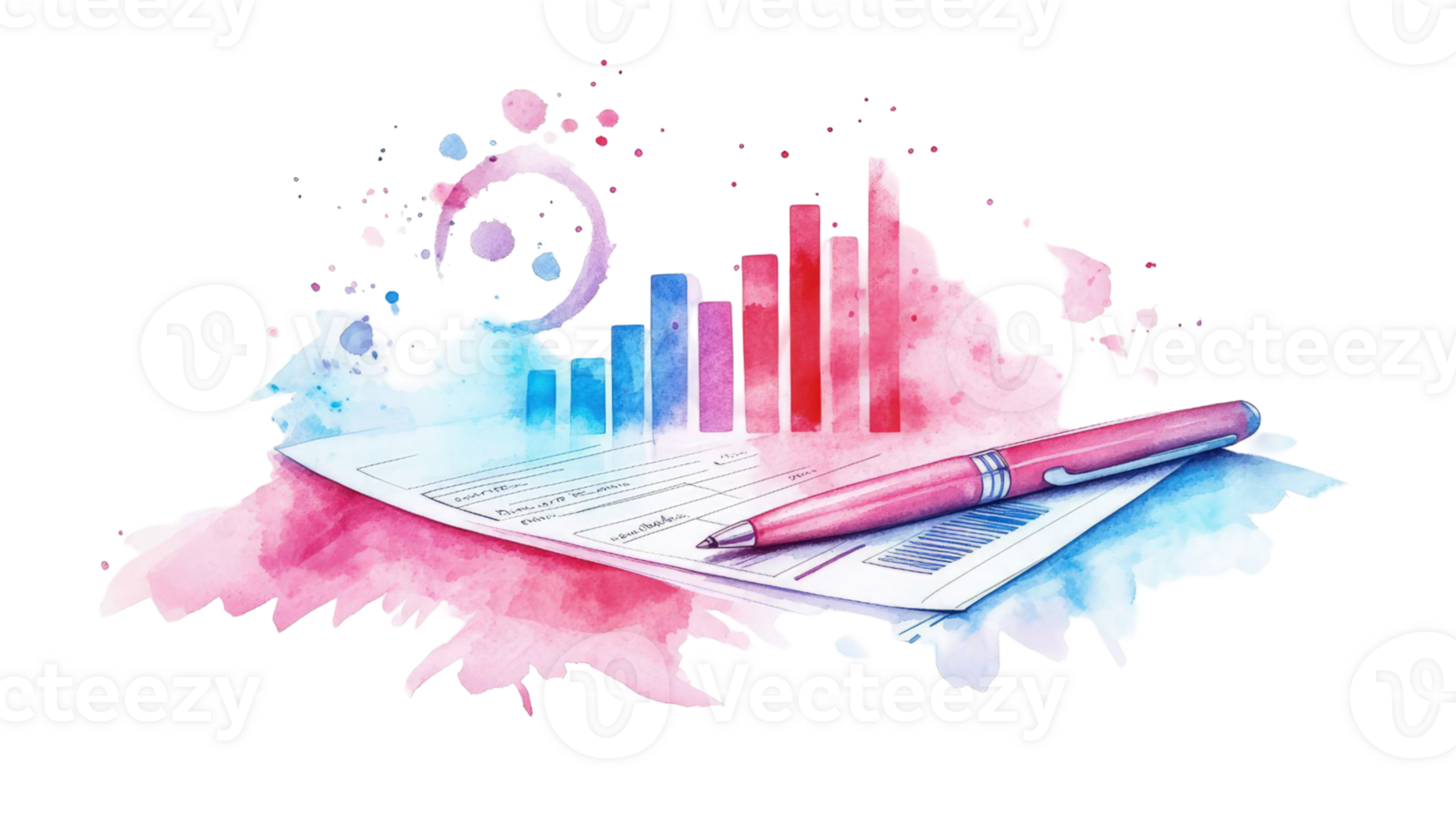 Abstract Watercolor Business Report with Pink Pen and Bar Graph Data Visualization png
